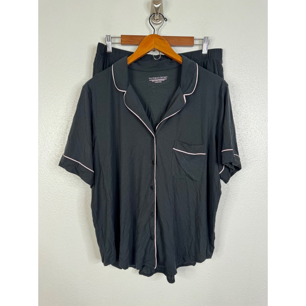Victorias Secret Pajama Set L Black Pink Piping Modal Short Sleeve Button Down